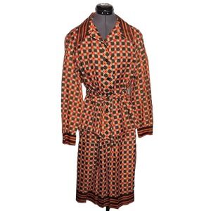 Vintage 70s Mod Skirt & Top Set Orange Brown Geometric‎ Print Disco M